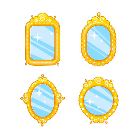 Set of gold and shiny cartoon mirrors with reflection in different shapesのイラスト素材