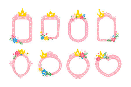 Pink princess frames.Set of pink frame with gold crown,flowers.Cartoon styleのイラスト素材