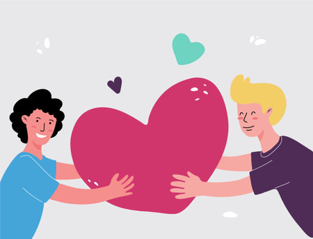 Two happy men pass on love to each other.Gay Romance.Vector flat illustrationのイラスト素材