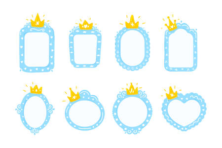 Blue baby prince frames.Set of blue frames with gold crown.Cartoon styleのイラスト素材