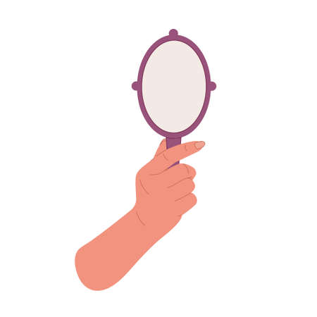 Hand holding oval shaped mirror.Flat cartoon illustrationのイラスト素材
