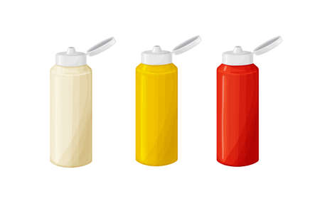 Bottles of mayonnaise,ketchup,mustard sauce with cover in realistic styleのイラスト素材