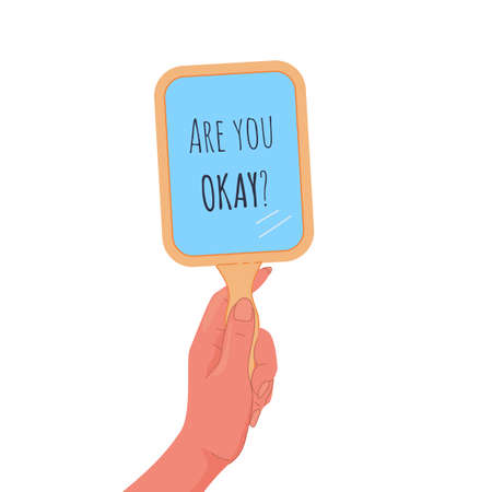 Hand holds up mirror with question, are you okay.Vector flat illustrationのイラスト素材