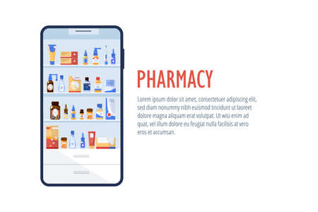Concept online of pharmacy. Selling pharmaceuticals via mobile applicationのイラスト素材