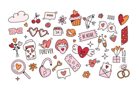 Vector valentines day elements,symbols in doodle style on white backgroundのイラスト素材