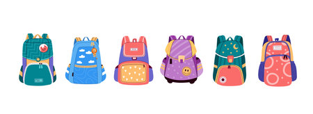 School backpack set for firts grader.Vector illustration in flat style.のイラスト素材