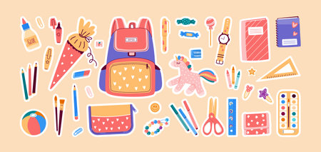 Back to school stickers with stationery objects.Vector illustration flat styleのイラスト素材