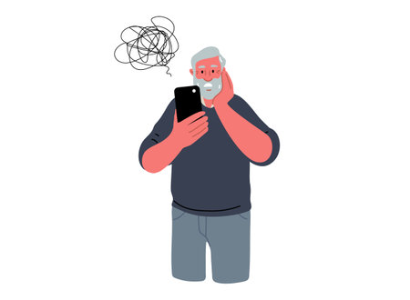 Senior man is holding a mobile phone and having troubles.Vector Illustrationのイラスト素材