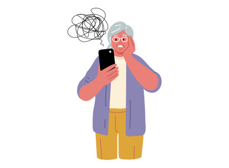 Senior woman is holding a mobile phone and having troubles.Vector Illustrationのイラスト素材
