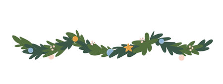 Evergreen garland with leaves and ornamentsのイラスト素材