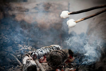 Roasting marshmallows on a stick over a campfireの写真素材