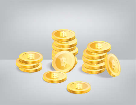 Stack of Thai baht currency realistic gold coin, money sign vector illustrationのイラスト素材
