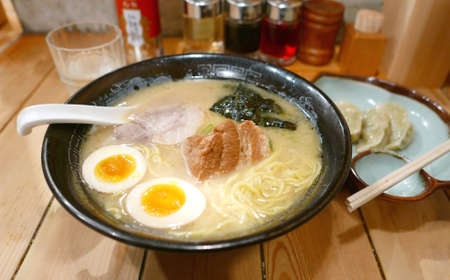 Japanese ramen noodles on the tableの写真素材
