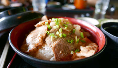 Japanese meal set pork rice on the trayの写真素材