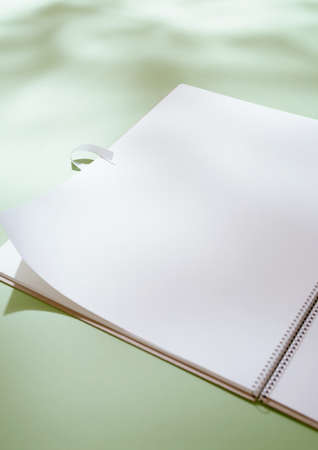 white sketchbook with mint green backgroundの写真素材