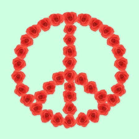 Peace shape red rose flowers on mint green backgrounの写真素材
