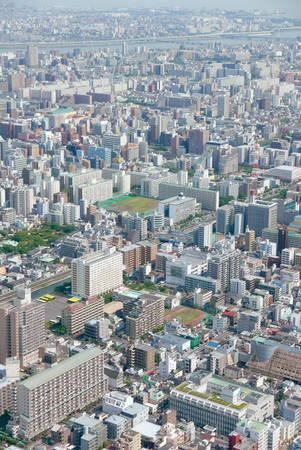 Vertical Japan Tokyo cityscape, commercial and residential building, road aerial viewのeditorial素材