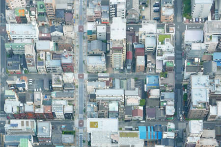 Japan Tokyo cityscape, commercial and residential building, road aerial viewのeditorial素材