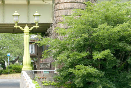 Classic street lamp and green tree near the bridgeの写真素材