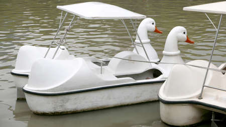 Vintage white duck recreation boat on the lake in Thailand parkの写真素材