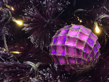 closeup indoor christmas tree with decoration xmas ball and lightingの写真素材