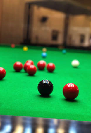 snooker balls on the green game table closeupの写真素材