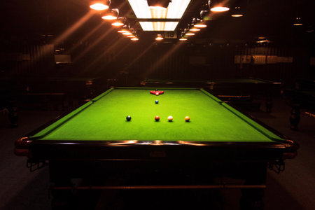 Game competition snooker balls,table and the orange lightの写真素材