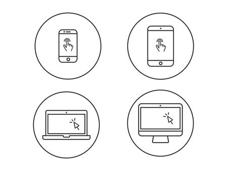 Laptop computer, tablet, mobile with finger gesture and cursor vector line iconのイラスト素材