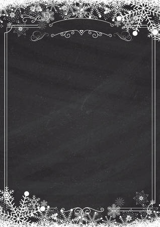 A4 size vertical Cafe menu - ornamental winter snowflake, retro border and blackboard textured backgroundのイラスト素材