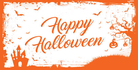 Horizontal Happy Halloween banner, orange background with grunge border, bat, pumpkinのイラスト素材