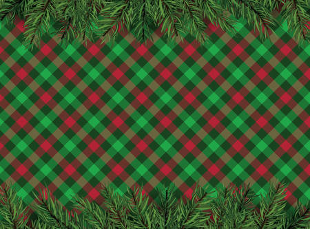 The Red and green checkered pattern background with Christmas tree decorationのイラスト素材