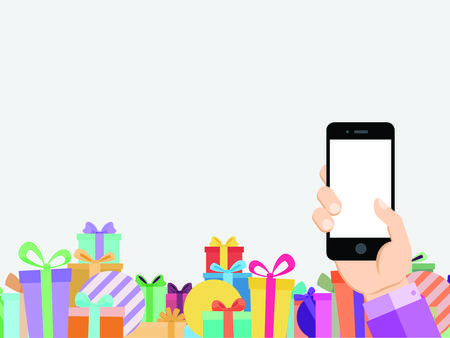 The online mobile shop business template background with colorful gift box footerのイラスト素材