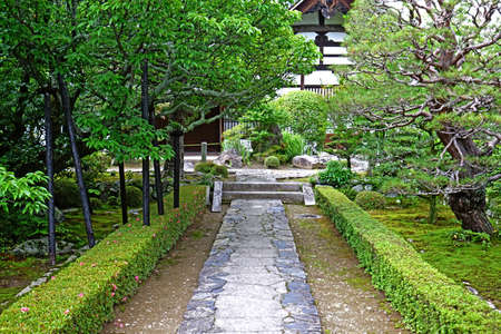 The Japan traditional zen garden, gray stone road, green plants and trees