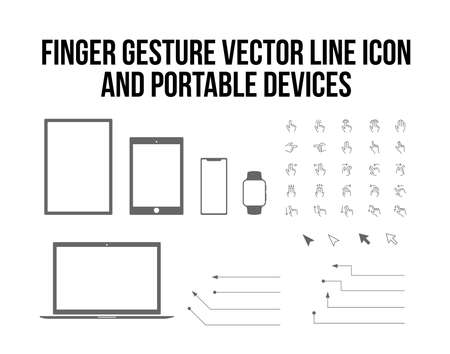 The vector finger gesture touch and mobile, tablet, laptop, desktop computer flat gadget icon setのイラスト素材