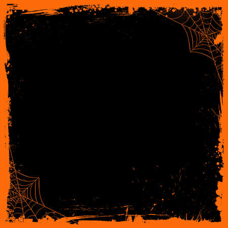The Halloween blank square black background with orange grunge border and spider webのイラスト素材