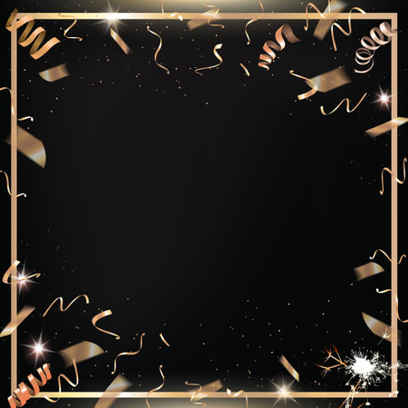 The vector black party and celebration square background with golden confetti and borderのイラスト素材