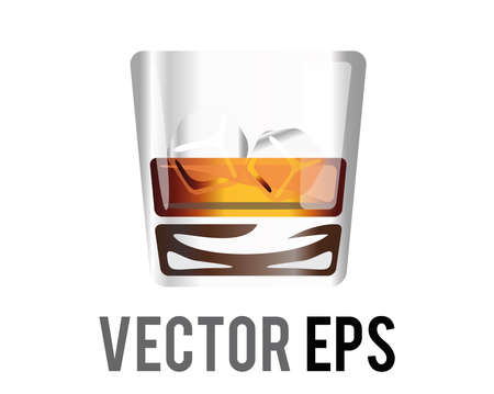 The isolated vector short flat tumbler glass of brown liquor  whiskey icon with ice cubeのイラスト素材