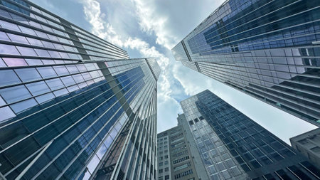 The crowded commercial office buildings in the city with sky
