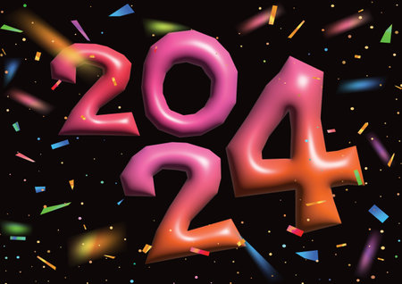 Dark party template background with 3D number 2024 year and colorful rainbow confetti