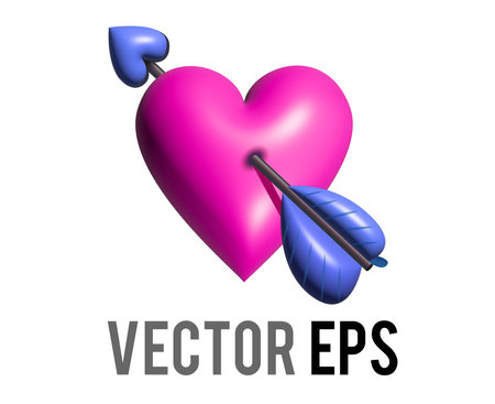 Vector shocking pink heart 3D icon with love cupid arrowのイラスト素材