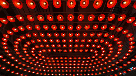 The group of indoor red stylish lamps on the celling