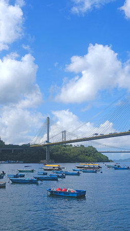 The fishing boats, car bridge, harbour and beach in Hong Kong