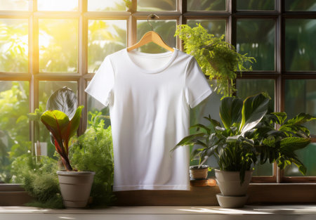 White t-shirt on hanger with green plants on windowsillの素材