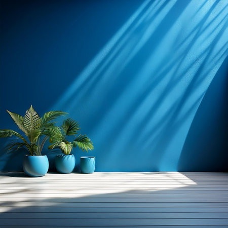 3d render of a blue room with plants in blue pots.の素材