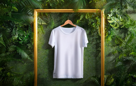 White t-shirt on wooden hanger on green wall background.の素材