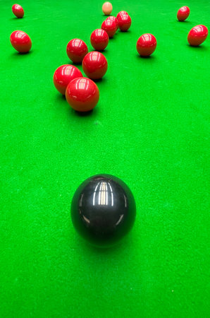 Traditional snooker balls and game table from top view