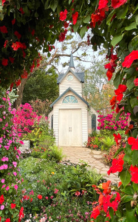 Small church building, footpath, garden entrance, flowers and plant in Hong Kong outdoor purblic parkの写真素材