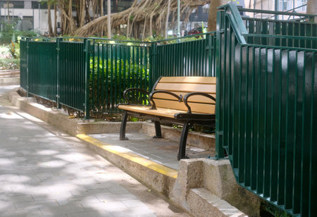 The garden wooden bench, footpath , green plants, tree in Hong Kong outdoor public parkの写真素材