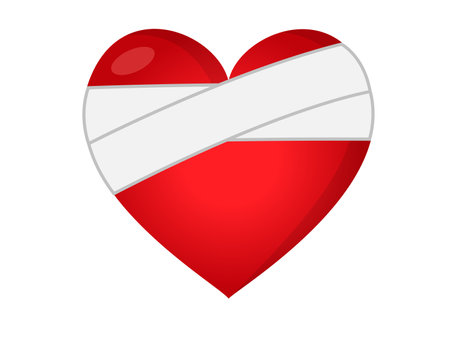 The isolated classic love red glossy mending heart icon with bandage across one side, used for healing, recovery, or to express sympathy for someone going through a difficult timeの写真素材