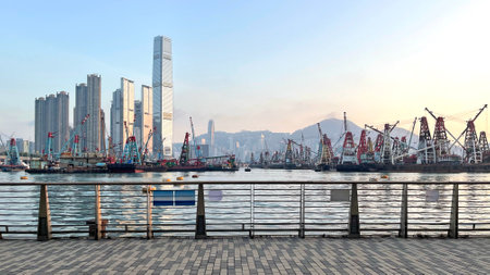 The horizontal Hong Kong Victoria Harbour with cityscape, boats. and textured floorの写真素材